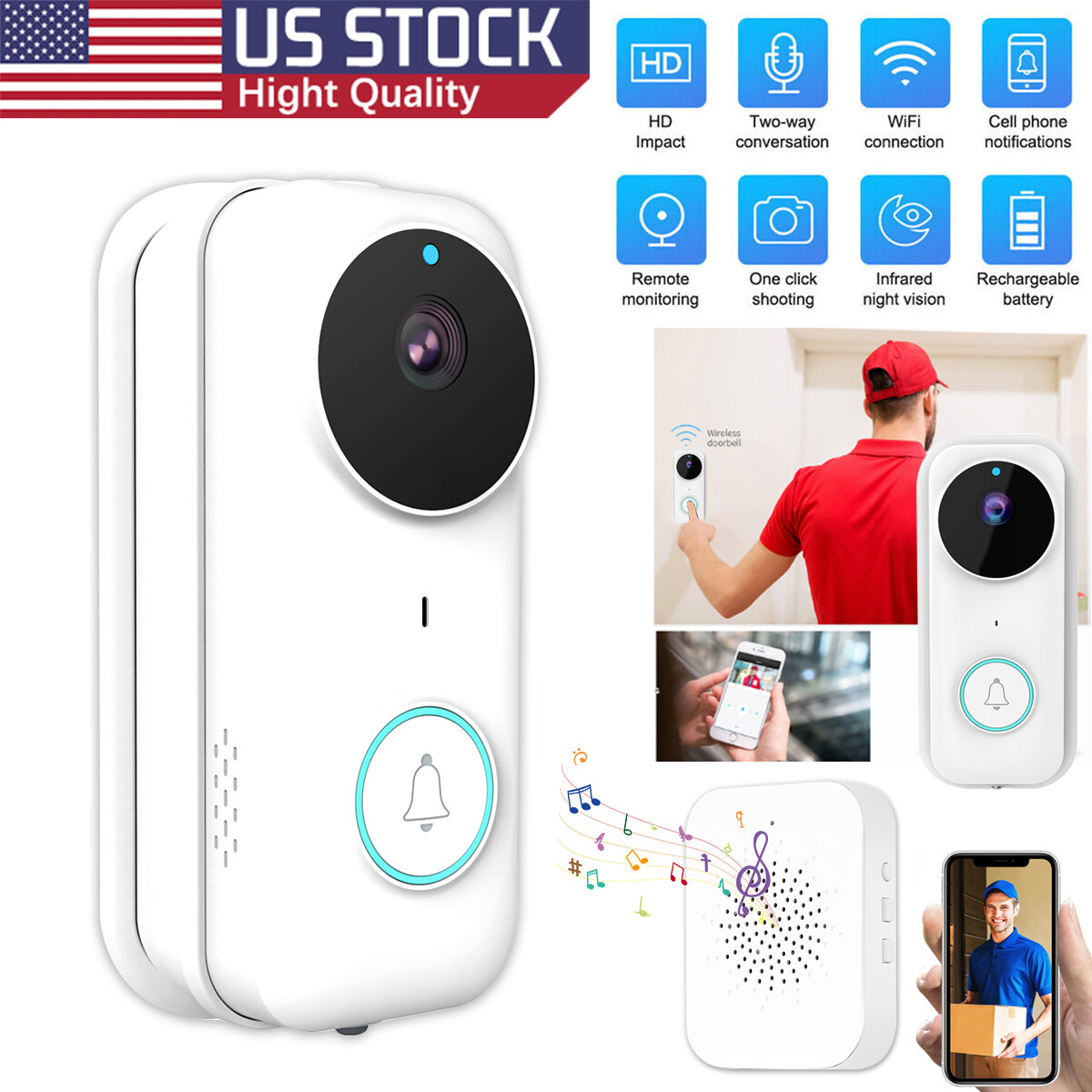 WiFi Ring Doorbell 1080P HD Security Camera Wireless Door Bell Camera With Chime-image