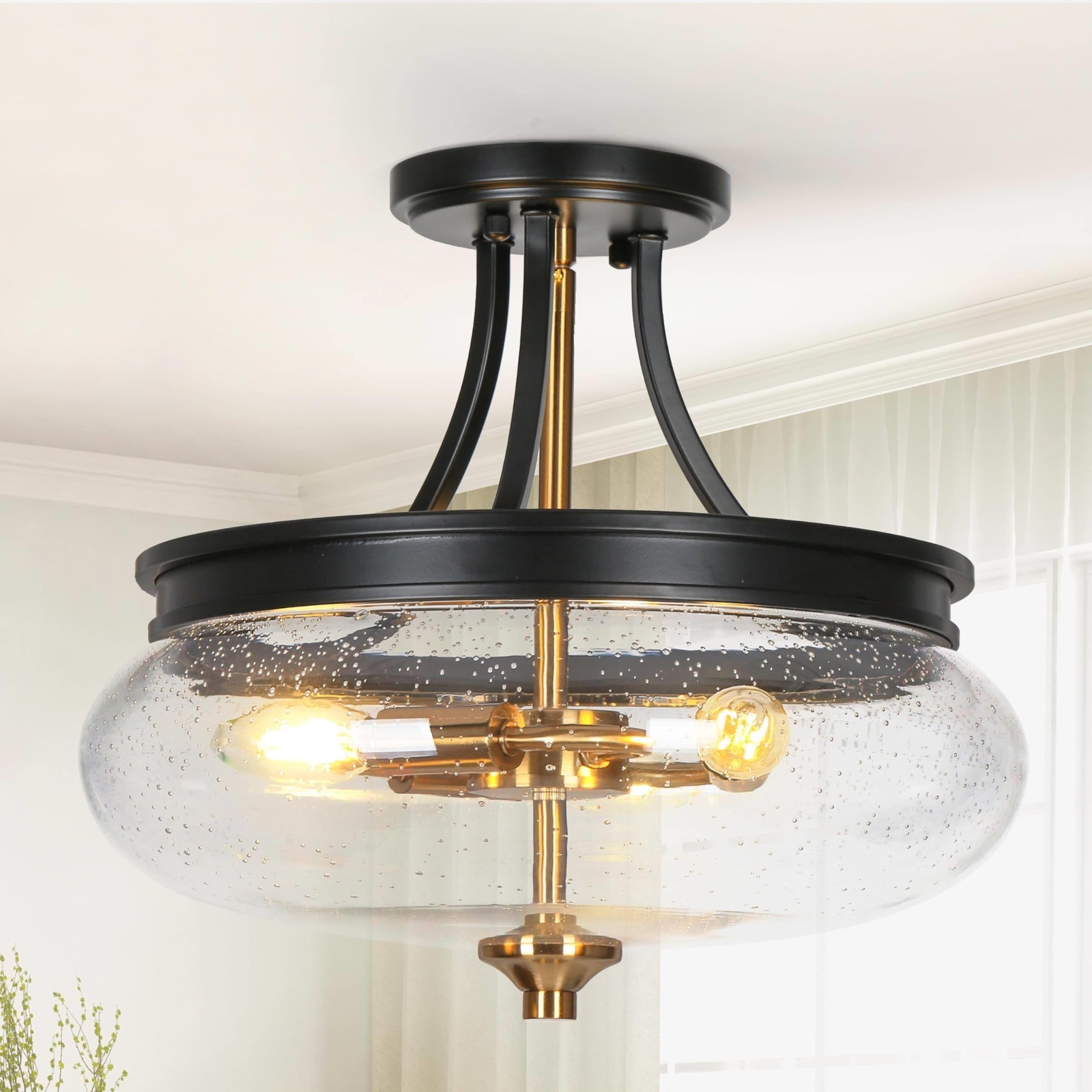 Black Gold Semi-Flush Mount Ceiling Light Fixture with 3 Lights