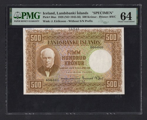 Iceland 500 Kronur 1928( 1945-56) P36as "Specimen" Uncirculated Grade 64 Top Pop