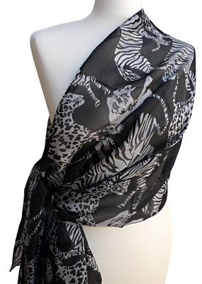 leichter Seidenschal mit Löwe Tiger Leopard Zebra schwarz grau Damen Schal  877