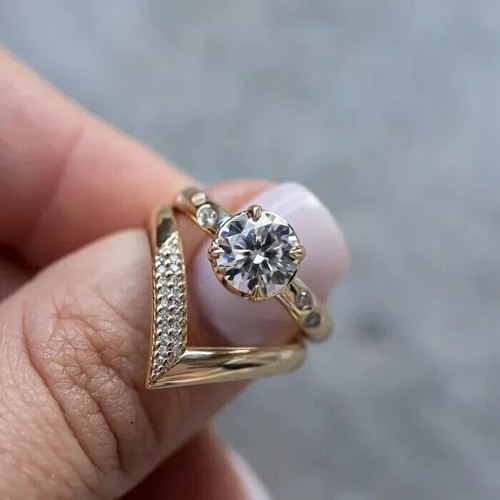 3Ct Round Lab Created Diamond Bridal Engagement Ring Set 14K Yellow Gold Plated - Bild 3 von 3