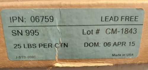 Box of 18(25LBS) - Indium BAROT-06759 - Bar Solder, SN995 Lead Free - Picture 3 of 5
