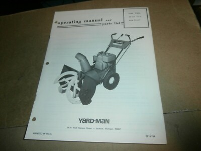 Vntg Yard Man 22'' 7160-0 Snow Thrower Snow Blower Operating Manual Parts List 