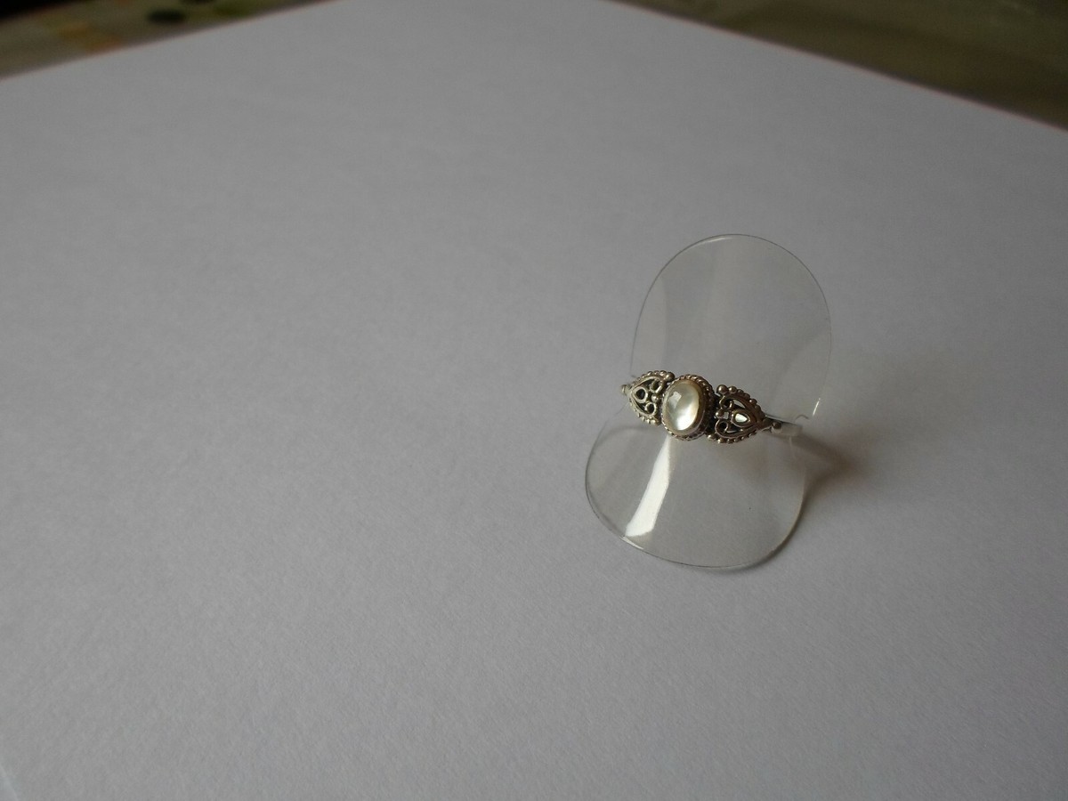 Bague Argent Massif Cabochon Nacre Blanc Filigrane Taille 54 - Bague Ancienne Ou Vintage Occasion