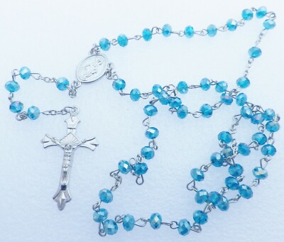 Retro Rosenkranz Kreuz Medaille silberfarben Perle Kristall blau facettiert 5098