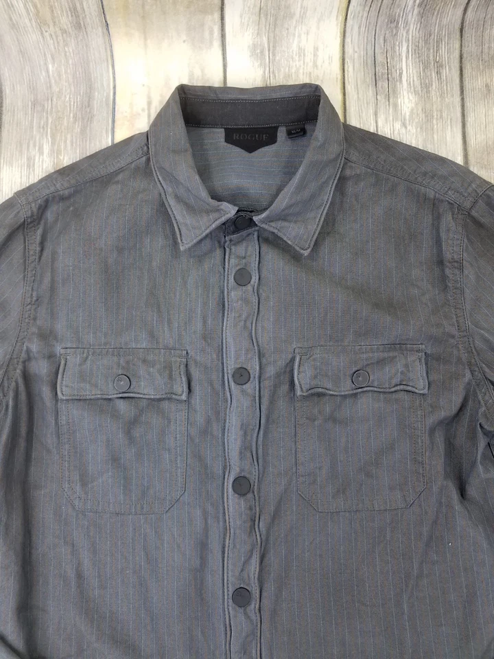 Rogue Button Snap Down Biker Shirt Elbow Patches Mens Size M Gray Striped Preppy - Image 4 of 4