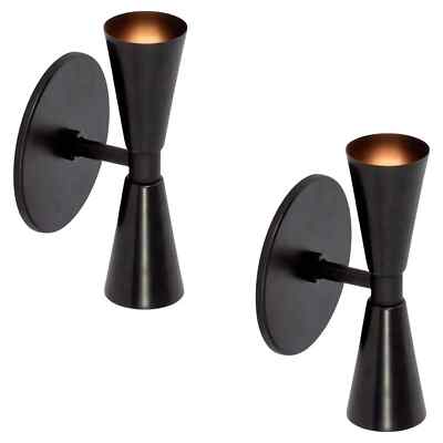 Italian Pair Wall Sconces Mid Century Black Cone Shade Wall Lamp Handmade by H D