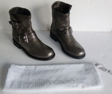 Jimmy Choo Silver Metallic Leather Biker Boots with Silver Buckles Size 35 5 