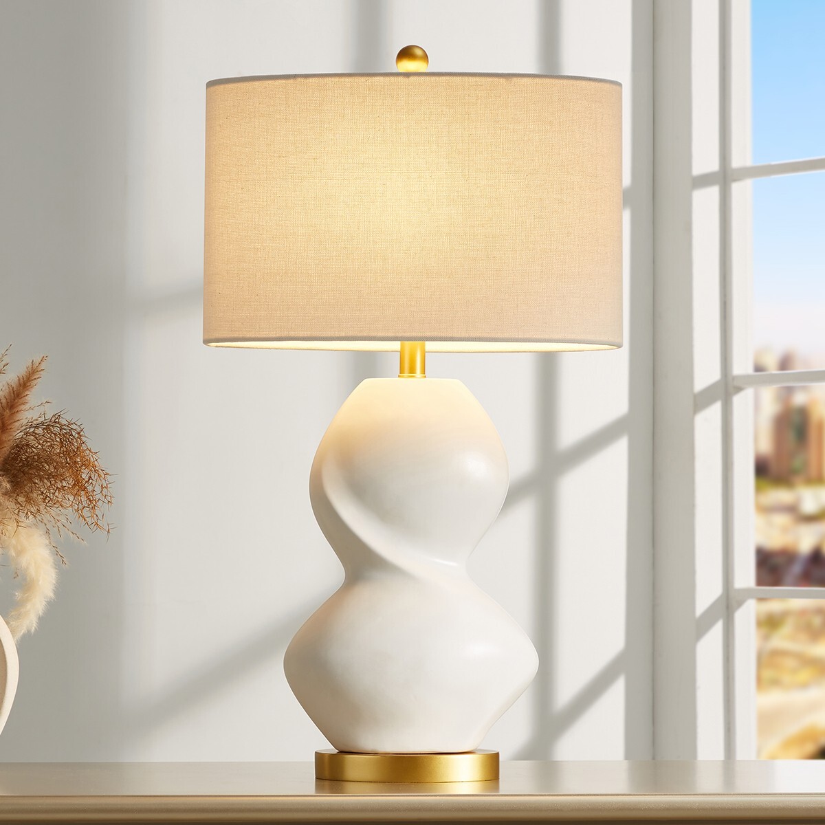 28.5" White Ceramic Gourd Table Lamp | Golden Base | Modern Home Decor