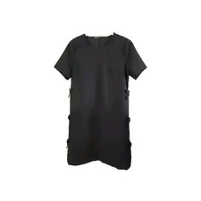 THE LABEL Short Sleeve Black Crepe Dress Paris Bows on Sides Lined LBD Large