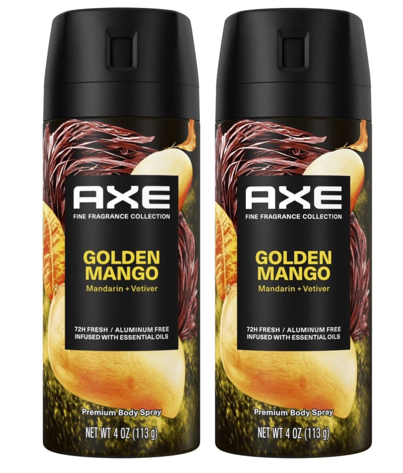 2 Pack Axe Fine Fragrance Premium Men’s Deodorant Body Spray Golden Mango, 4 oz