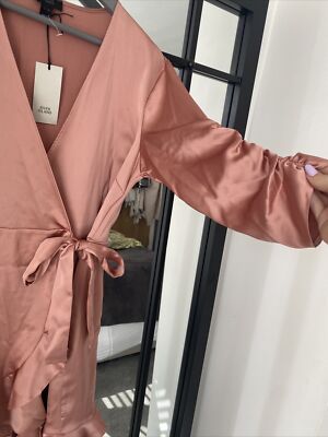 river island pink wrap dress River Island mini wrap dress in dark pink satin