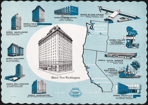 Vintage placemat HOTEL NEW WASHINGTON Doric hotel and map Seattle Washington