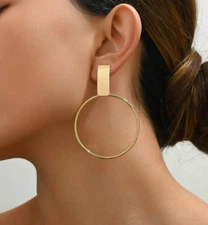 Long Gold Tone Hoop Clip On Earrings Dangle Drop  3" Earrings Clip On