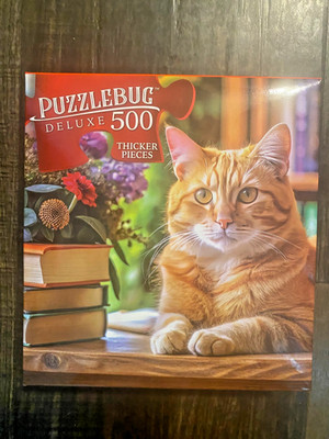 PuzzleBug 500 Pieces - Cat on Desk with Books & Flowers Puzzle 20''x12'' - New