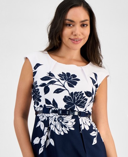 Connected Petite Floral Jewel-Neck Belted Sheath Dress - Navy - 12P - Picture 4 of 6