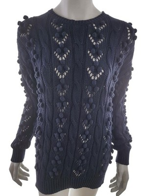 MINKPINK Damen Pullover Gr. XS Marineblau Baumwolle 100% Zopfmusterstrick Langer