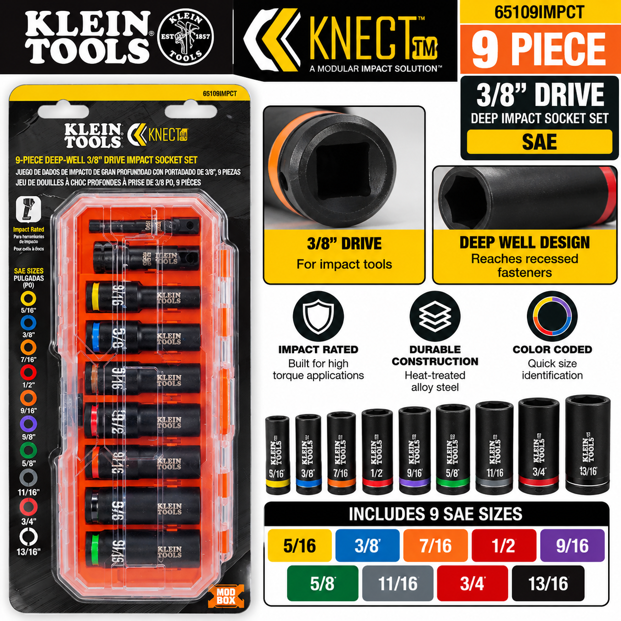Red Scissors Set Klein Tools 65109IMPCT KNECT 9 Piece 3/8” Drive Deep Impact Socket Set ...