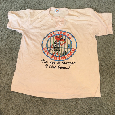 Vtg. Alcatraz SS Shirt   I m Not A Tourist I Live Here  Peach Rat San Fran M