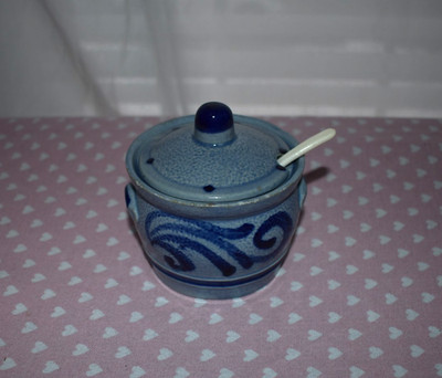 Vintage German Handmade Pottery, Marzi & Remy, Sugar Crock w/ Serving Teaspoon