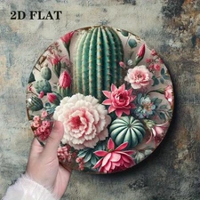 2D Flat,1pc 7,87x7,87 Inch Aluminum Round Wall Art Sign - Pink Peony & Green Cac