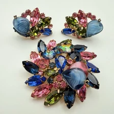 Vintage Juliana D&E 3D Brooch Earrings Set Blue Pink Green Marbled Demi Parure