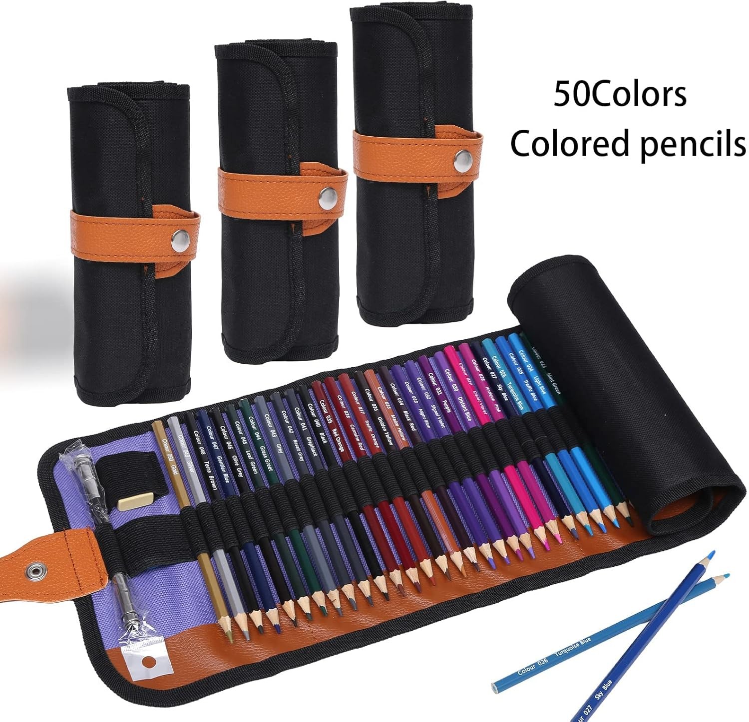50 Colored Pencils Set with Roll Up Canvas Case for Adult Coloring Books Drawing