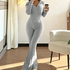 Women's Solid Color 2-Piece Set Hooded Belted Jacket With Pockets & Flare Leg Pa