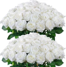 FOTEEWL 60 Pcs Artificial Rose Flower Realistic Faux Silk Roses Stem White