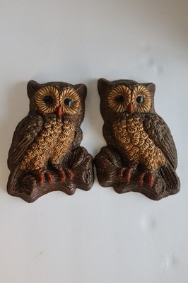 Vintage Pair Wood Owl Wall Hangings Mid Century MCM Boho Whimsical