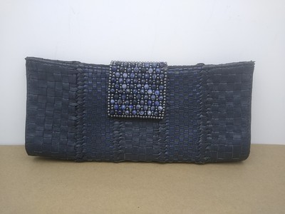 Sinal Adhikari Leather Woven Clutch Navy Blue Beaded 10.5x4.5x1