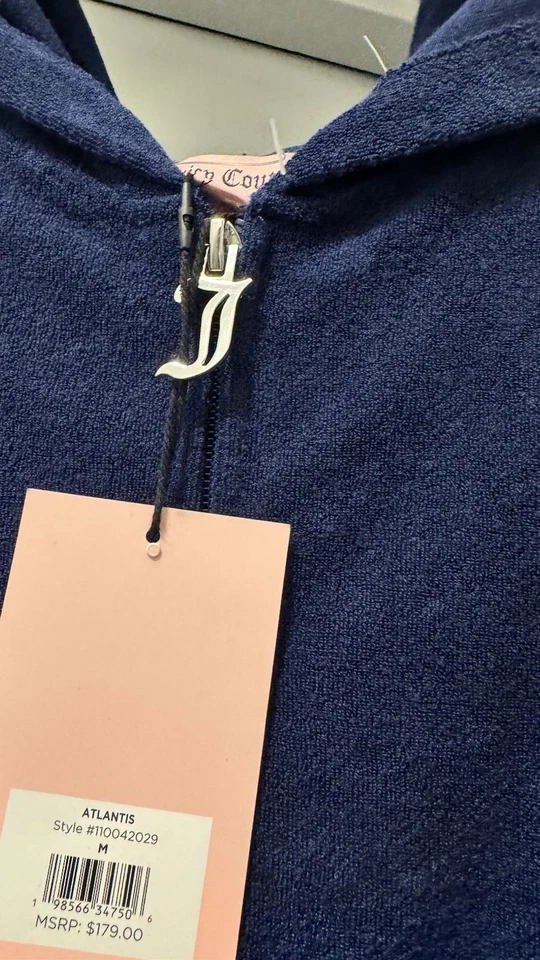 JUICY COUTURE Bling Toalla Terry Chándal Pantalones Cortos Sudadera con Capucha Azul Marino Atlantis Mediano Nuevo con Etiquetas Foto 2 de 4