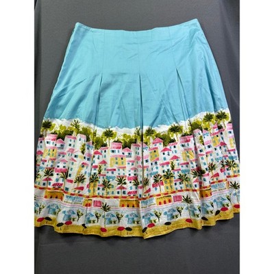 Talbots Mediterranean Village Beach Scene Pleated A-Line Skirt Blue Multi LK4974