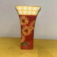 Vintage FTD Yellow Sunflowers Floral Red Yellow Gingham Vase Approx. 8” Tall