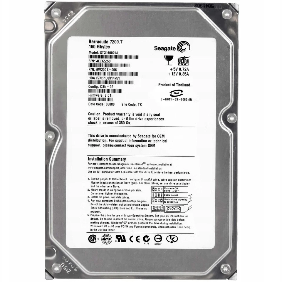 Hard Disk HDD IDE PATA 3.5" 160GB Seagate ST3160021A Computer Refurbished - Image 2 of 2