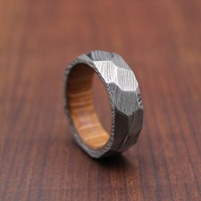 Faceted Damascus Steel Ring with Wood Interior  Rustic Men  s Wedding Band