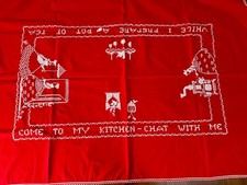 Vintage Red Table Runner White Cross Stitch Tea Time Saying 49" x 34"