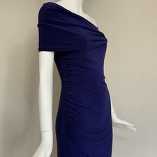 Badgley Mischka Draped One Shoulder Ruched Stretch Cape Dress Blue Size 4