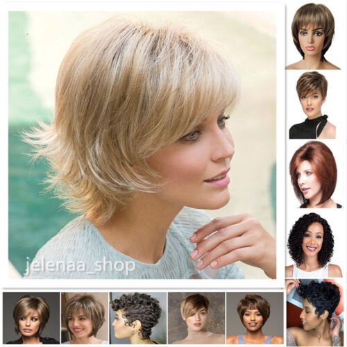 Women Ladies Cosplay Real Natural Short Wavy Curly Pixie Cut Wig Hair Full Wigs - Afbeelding 1 van 48