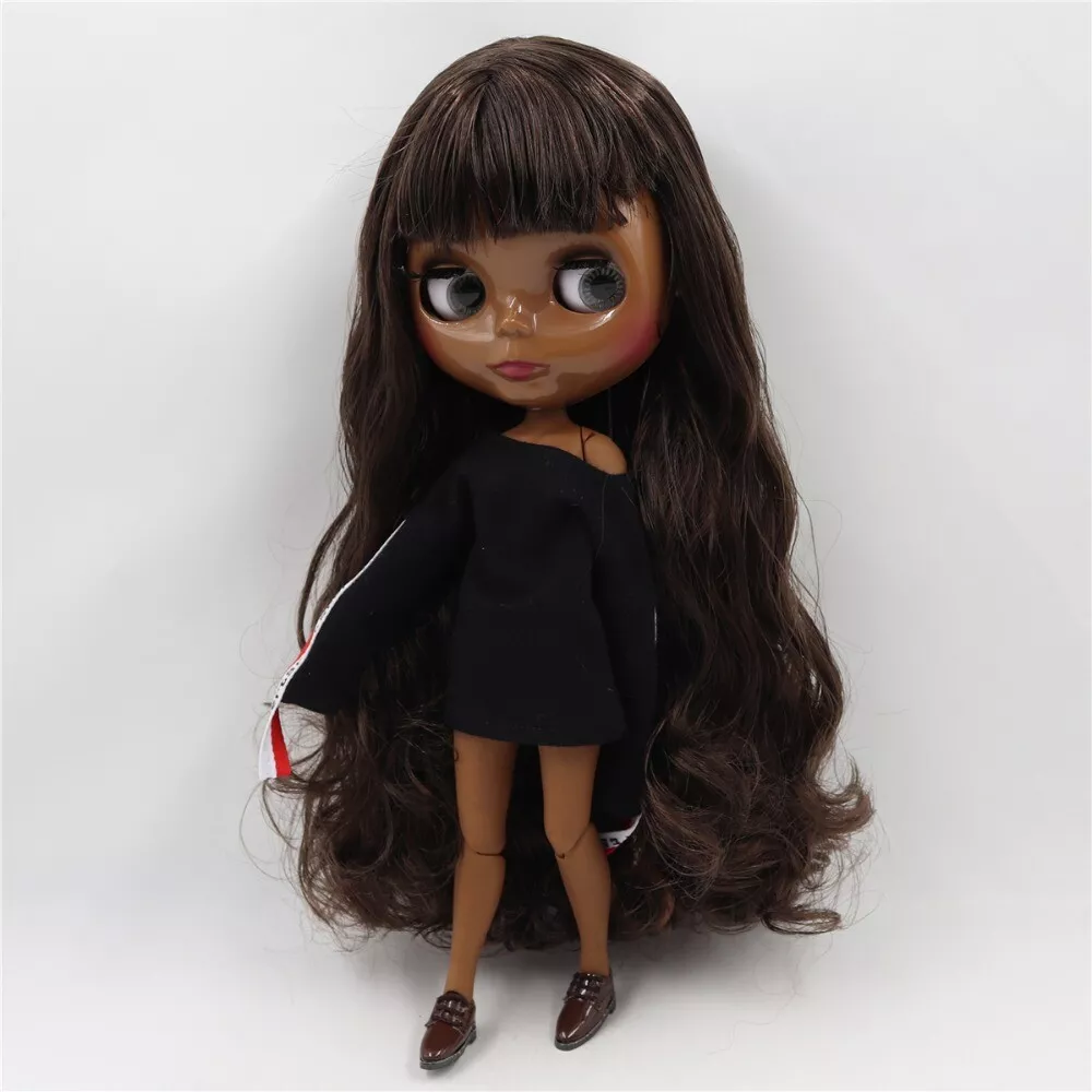 12 Factory blythe doll 1/6 bjd toy glossy face Super black skin Dark brown  hair