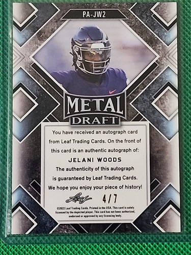 Jelani Woods/7 2022 Hoja Metal Borrador Cristal Negro Autógrafo SSP COLTS! - Imagen 3 de 4