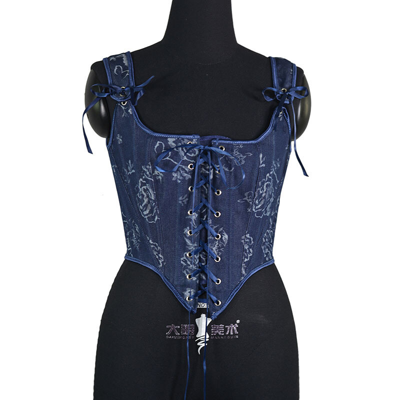 Quality Corset Overbust Bustier Lace Up Blue Print Slimming
