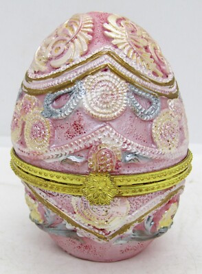 Decorative Easter Egg Resin Hand-Painted Pink Lined Trinket Box. 3 1/2'' High.