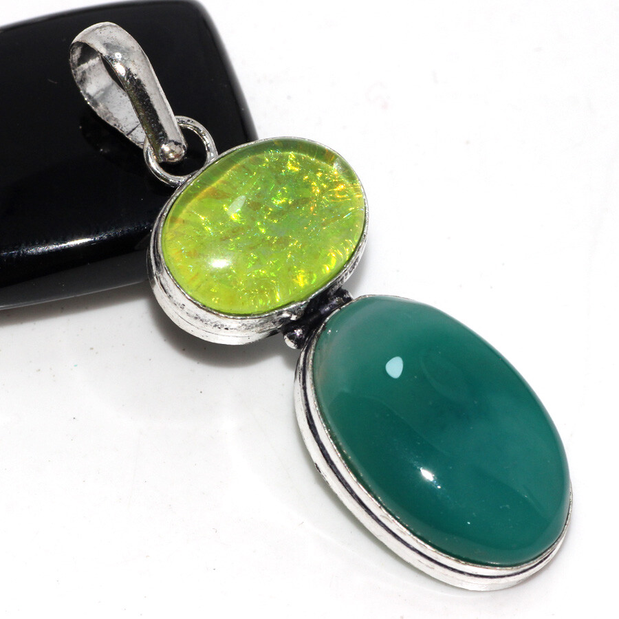 925 Silver Plated Green Botswana Agate Opalite Long Pendant 2.3