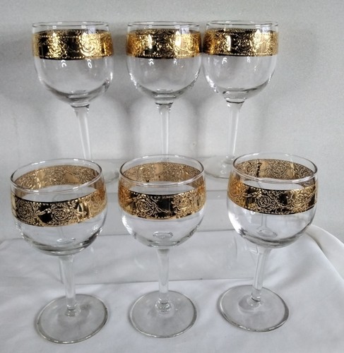 Vintage Culver Tyrol wine glasses Stem Goblets 22K Gold band Rim Set Of 6 MCM - Picture 2 of 4