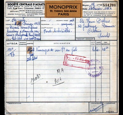 Monoprix Facture PARIS (XI°) ALIMENTATION / EPICERIE