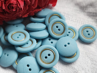 Lot De 26 Petits Boutons Vintage Bleus Avec Trous Veinés Dorés - Diamètre 1,5 Cm - Réf. 557