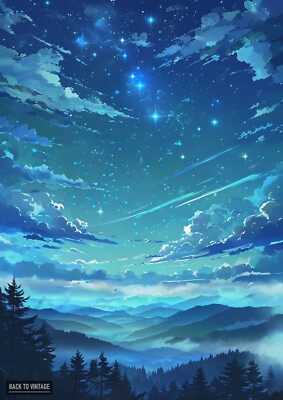 Landschaft mit Sternenhimmel und Bäumen Kunst Reise Poster Wohnzimmer Wanddruck A4