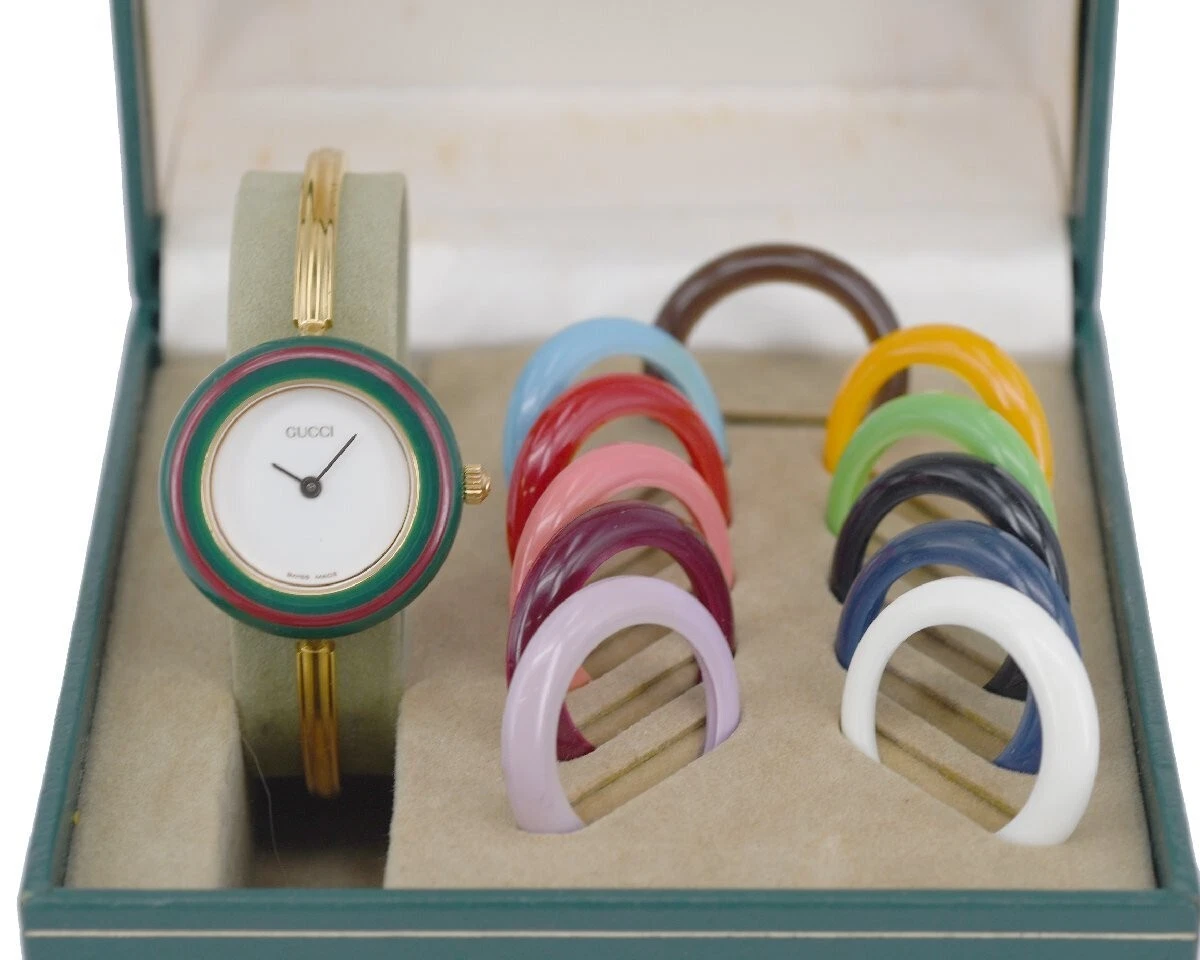 Montre femme vintage Gucci 11/12,2 avec boite 12 couleurs lunette changeante or Qz JAPON