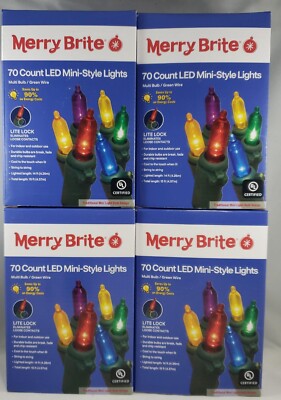 Lot Of 4 Merry Brite 70 Count LED Mini-Style Light Multicolor / Green Wire 15ft